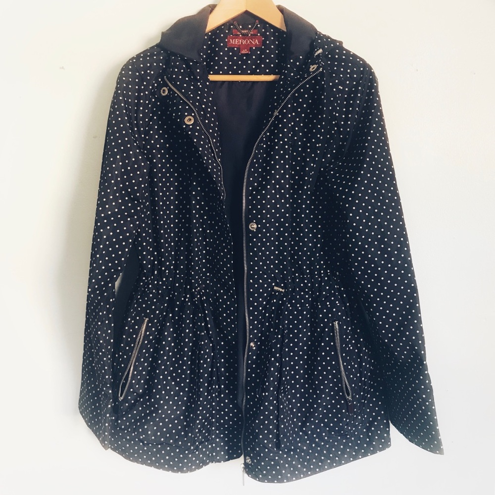 Polka dot navy windbreaker with hood